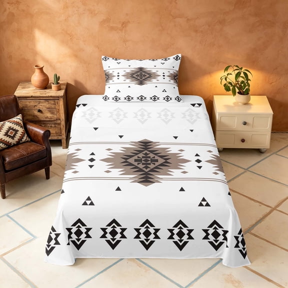 Manfei Boho Aztec Twin Sheets, White Taupe Tribal Geometric Bedding, Reversible 3 Pieces1 Flat Sheet 1 Fitted Sheet 1 Pillowcase