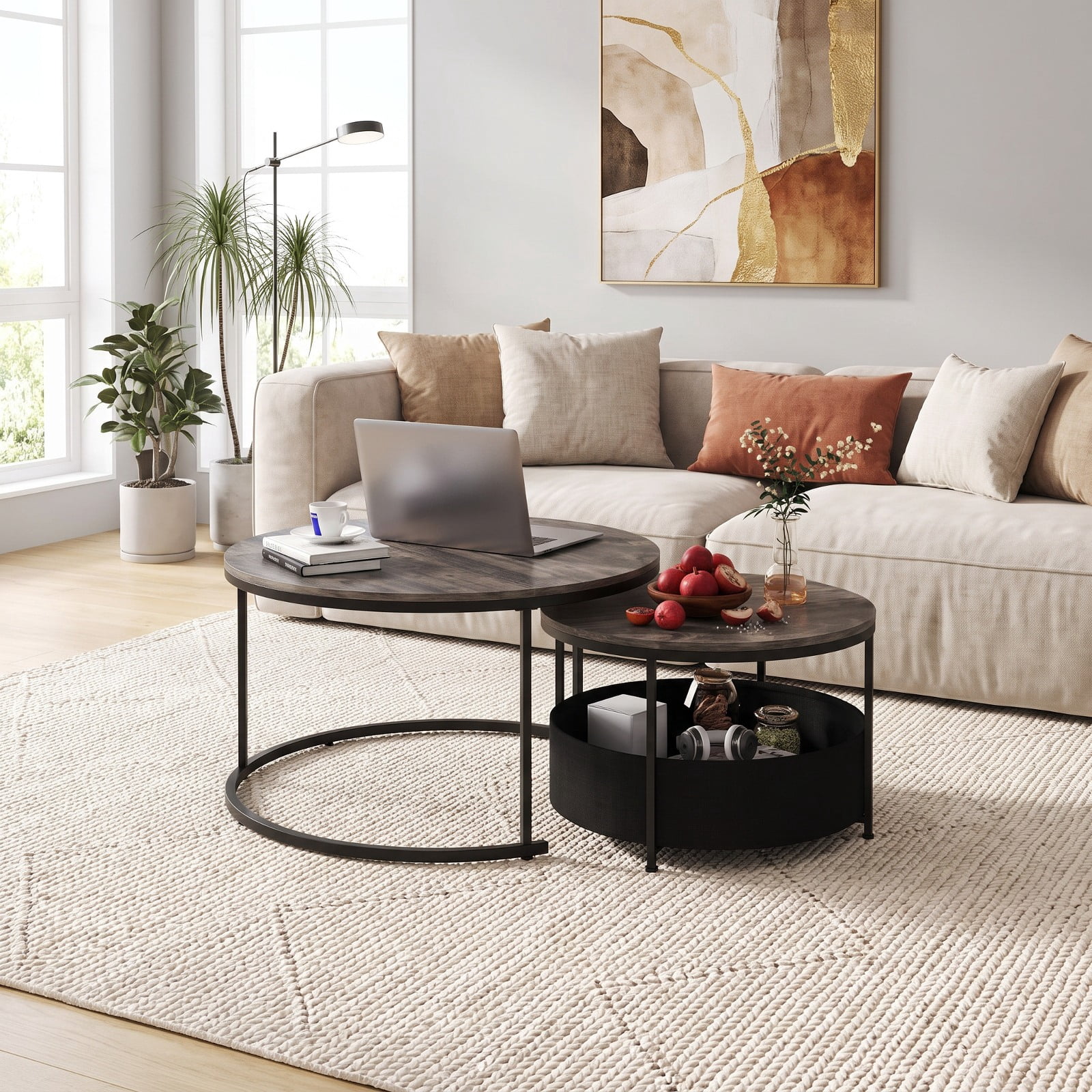 Furnibear Round Coffee Table Set of 2 Nesting Cocktail Tables with Fabric Storage Basket for Living Room and Bedroom, Gray