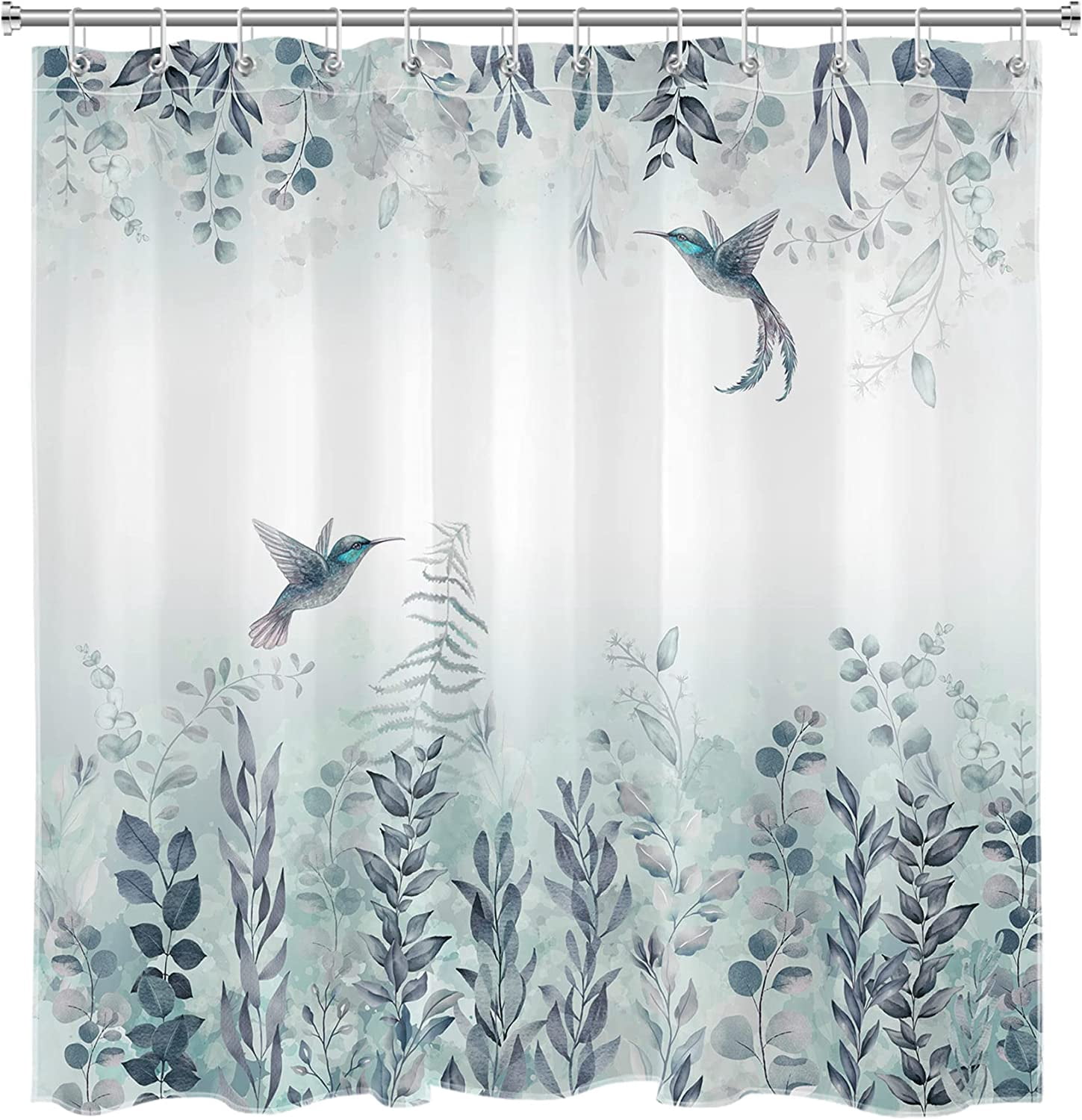 Teal Leaf Shower Curtain Eucalyptus Hummingbird Bird Shower Curtains White Green Leaves Botanical Plant Floral Cottagecore Aesthetic Bathroom Curtain 12 Hooks Durable Fabric 72X72Inches