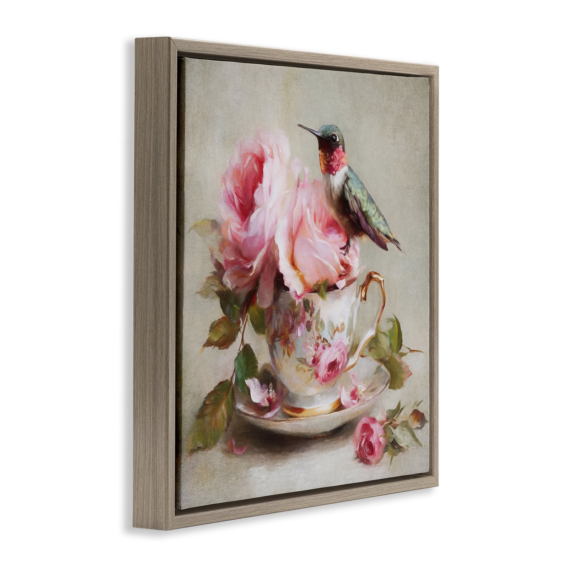 Stupell Industries Hummingbird & Tea Cup Brown Framed Floater Canvas Wall Art, design by Tina LeCour