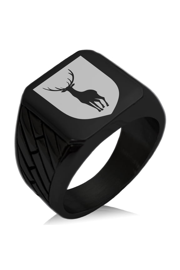Stainless Steel Stag Purity Coat of Arms Shield Geometric Pattern Biker Style Polished Ring