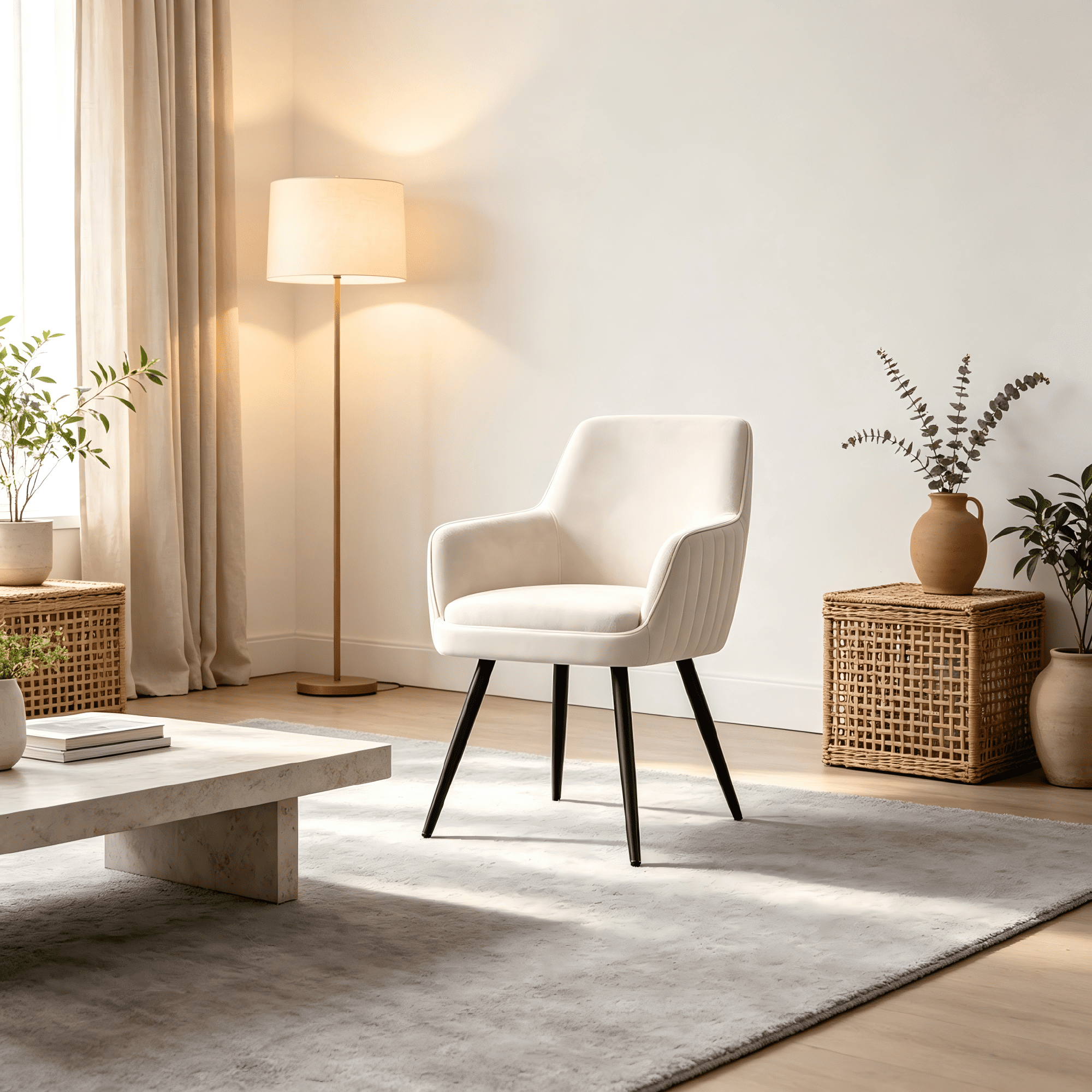 Beige Modern Mid-Century Upholstered Accent Chair with Channel-Tufted Back, Set of 2