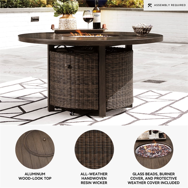 Signature Design by Ashley Paradise Trail Round Fire Pit Table in Medium Brown