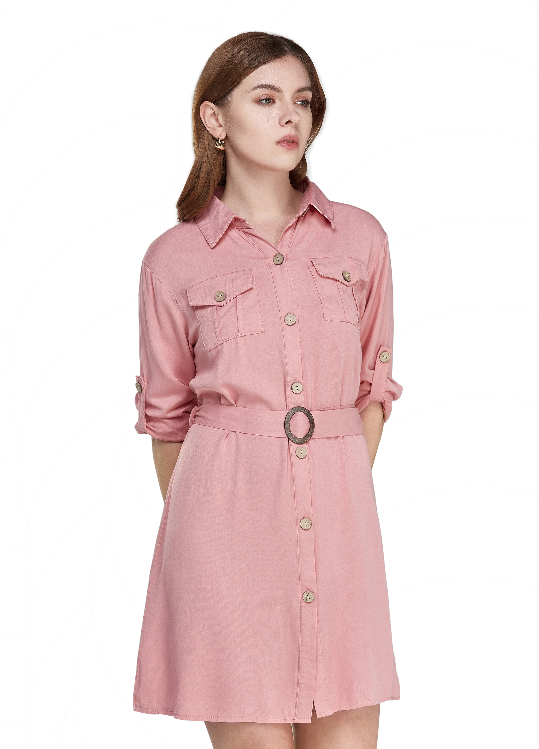 MECALA Women 3/4 Long Sleeve Button Down Shirt Dress Casual Midi Dress Pink L - image 5 of 10