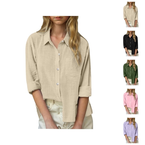 Girls Tshirts Girls Summer Clothes KIDS Linen Shirt Long Sleeve Pleated Button Down Blouse Spring Summer Casual Loose Fit Lightweight Tops Bohemian Style