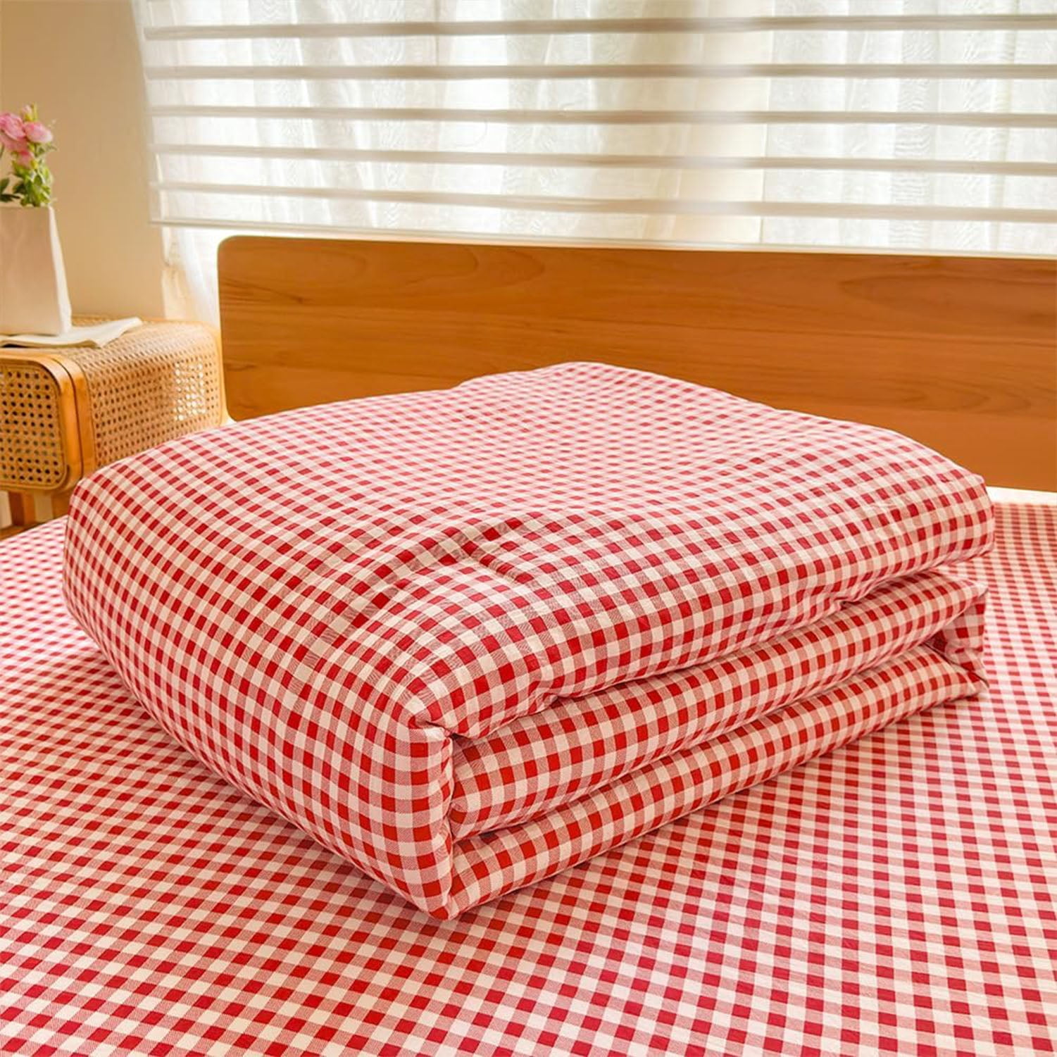 Red Gingham King Comforter Set, Red Plaid Bedding Set, Checked Bed Comforter 3 Pieces(Red Gingham, King)