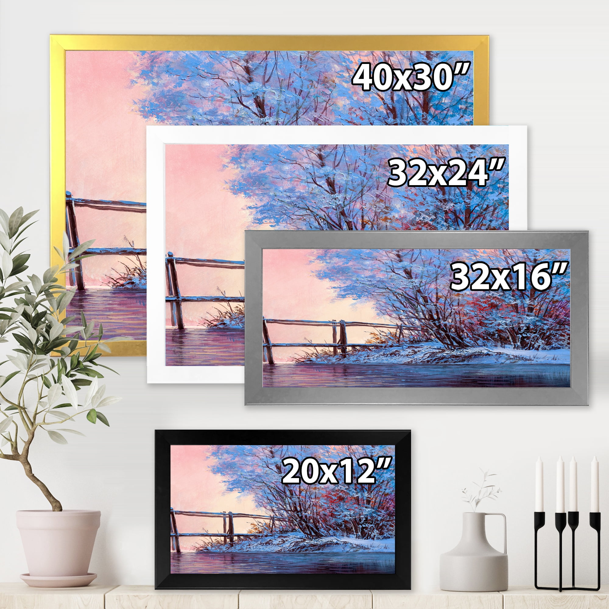 Bridge Of Meandering River With Winter Scenery I 40 in x 30 in Framed Painting Canvas Art Print, by Designart