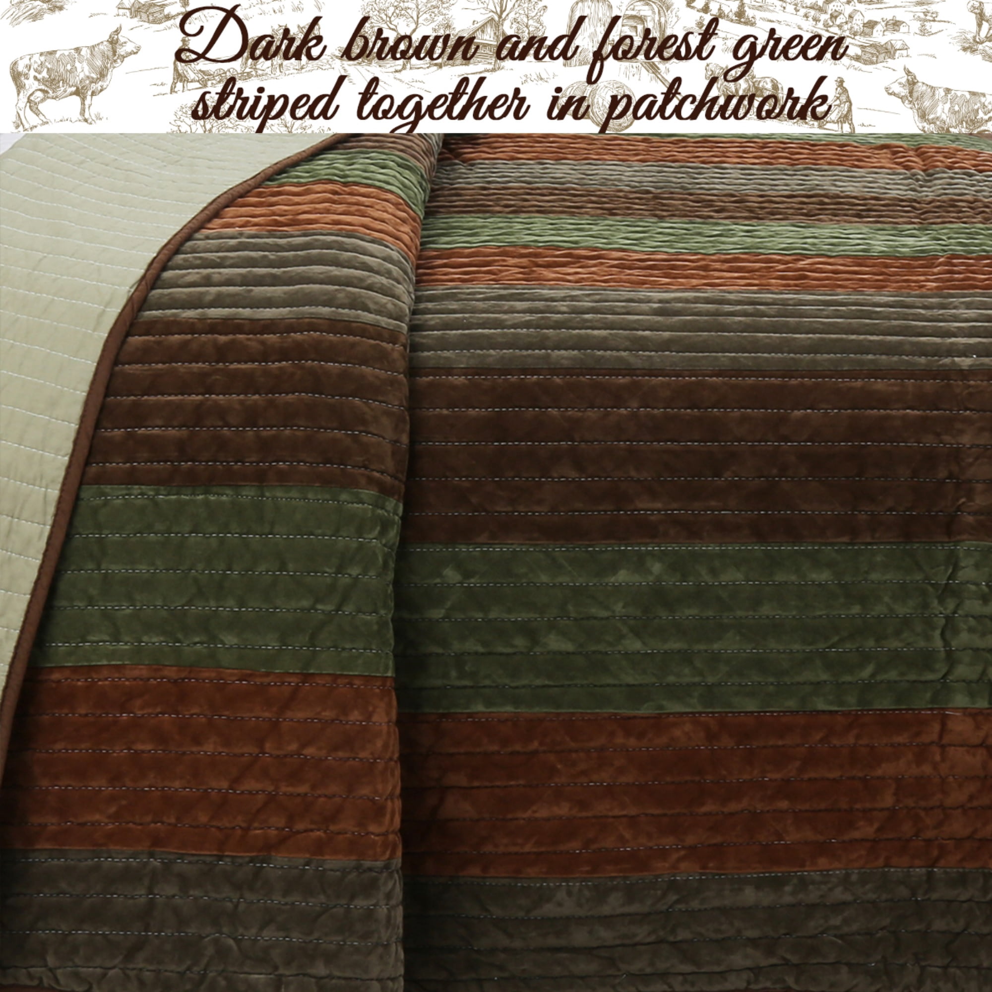 Cozy Line Home Fashions Cozy Line Rhett Brown Green Stripe Reversible Quilt Bedding Set Queen