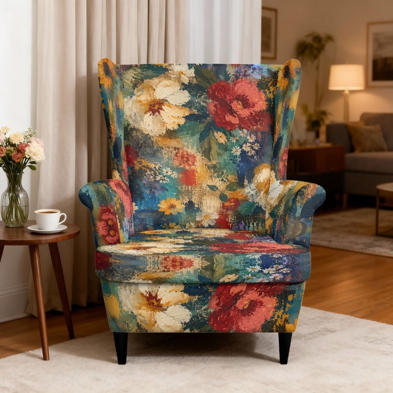 Psesaysky Vintage Floral Wingback Chair Slipcovers with Spandex Fabric ...
