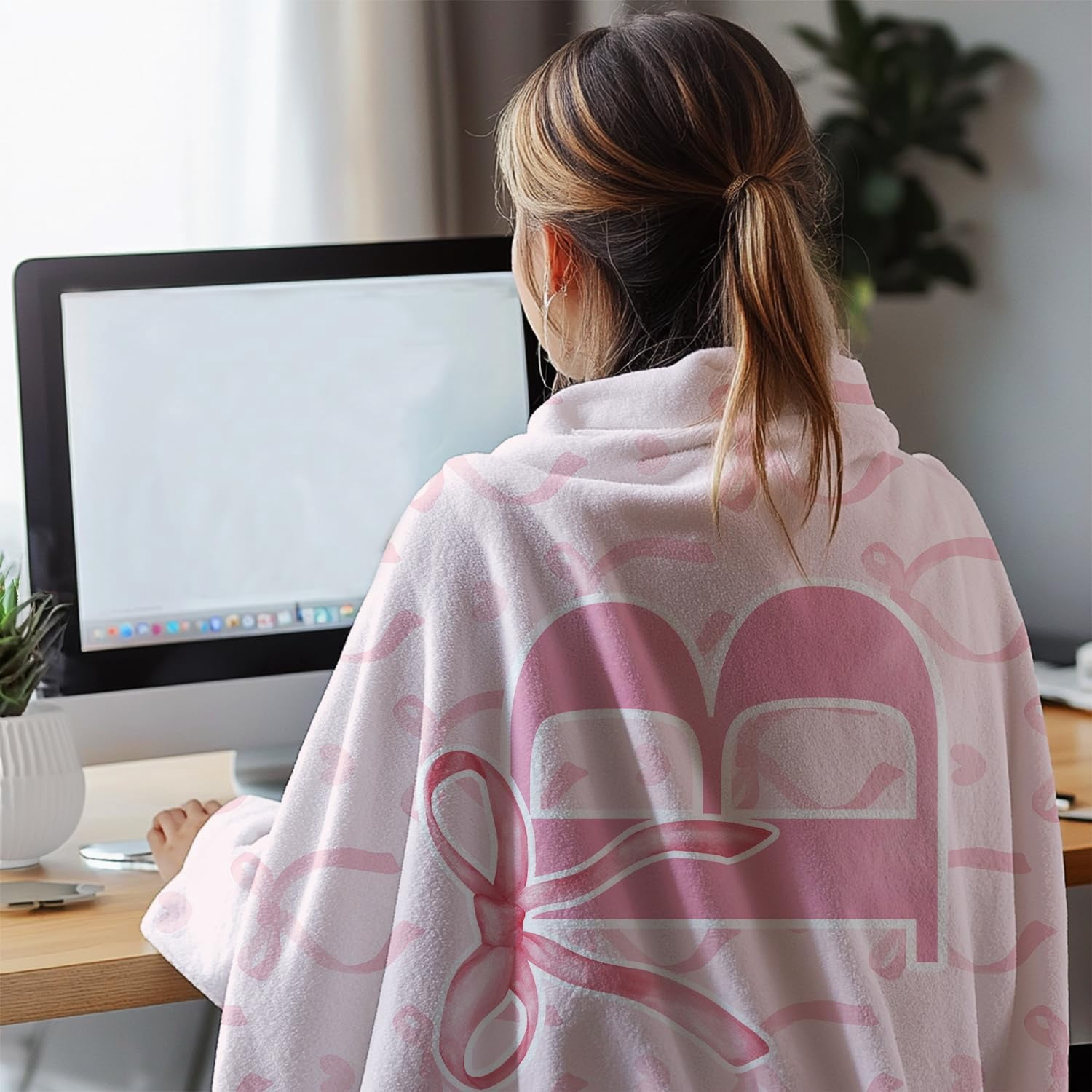 Coquette Pink Bow Blanket,Personalized Initial B Soft Fluffy Cozy Flannel Blanket,Monogrammed Gifts for Daughter Women Teen Women,Customized Blanket for Bedding Bedroom Office,50x60 Inches