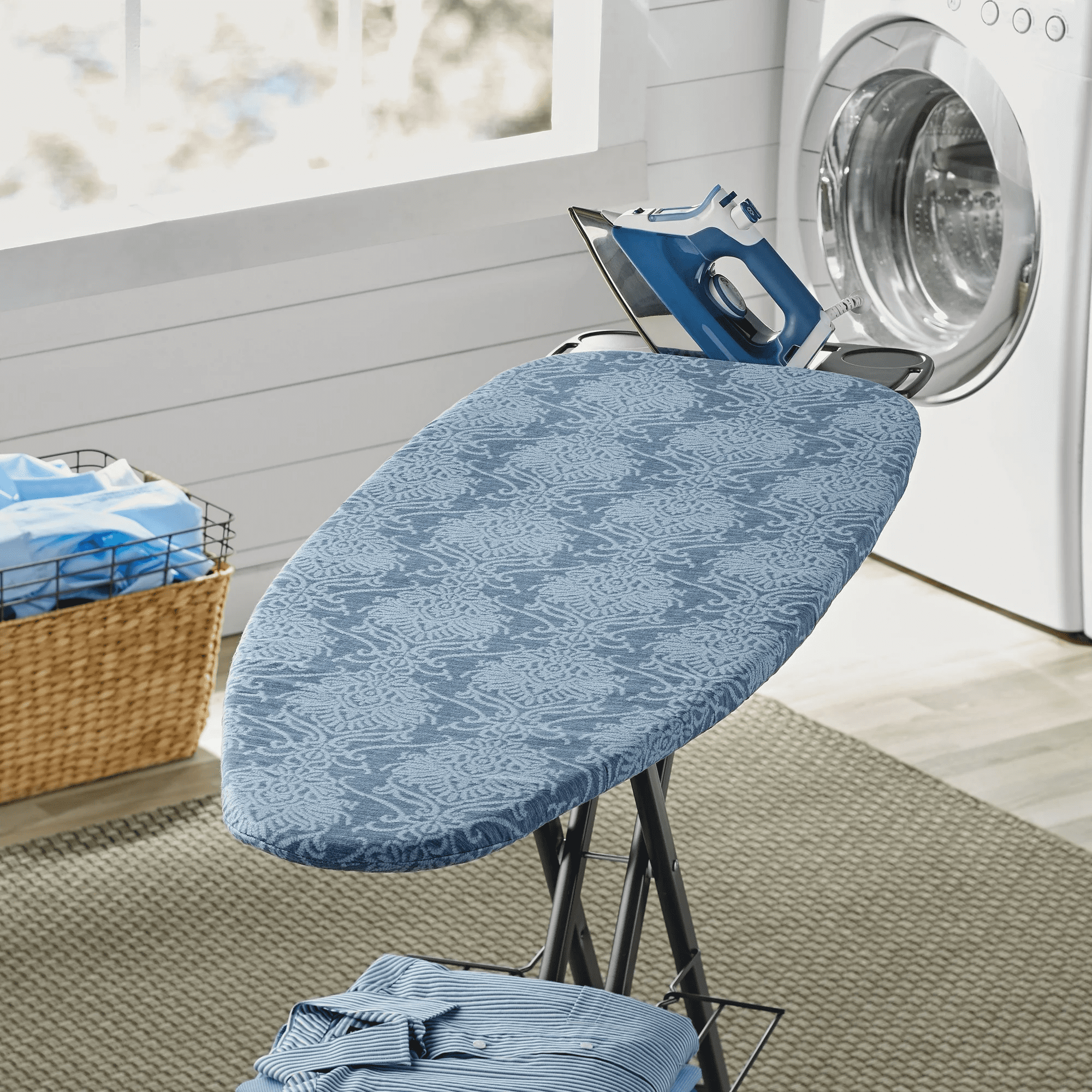 Better Homes & Gardens Ironing Board Cover-18x54, Cotton,Recycled Polyester Felt Padded, Reversible,Scorch Resistant, MulticolorDamask Blue/Gray Patern to Solid Blue,Cover Only-Boards Sold Separately