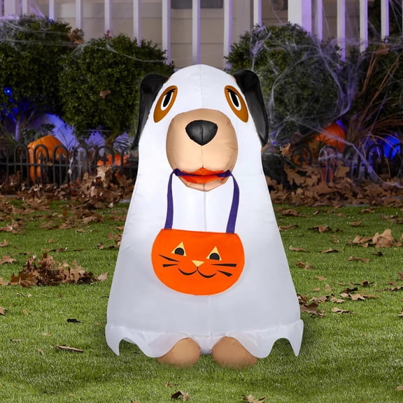 Airblown Inflatable Light-Up Ghost Dog with Jack-O'-Lantern Treat Bag