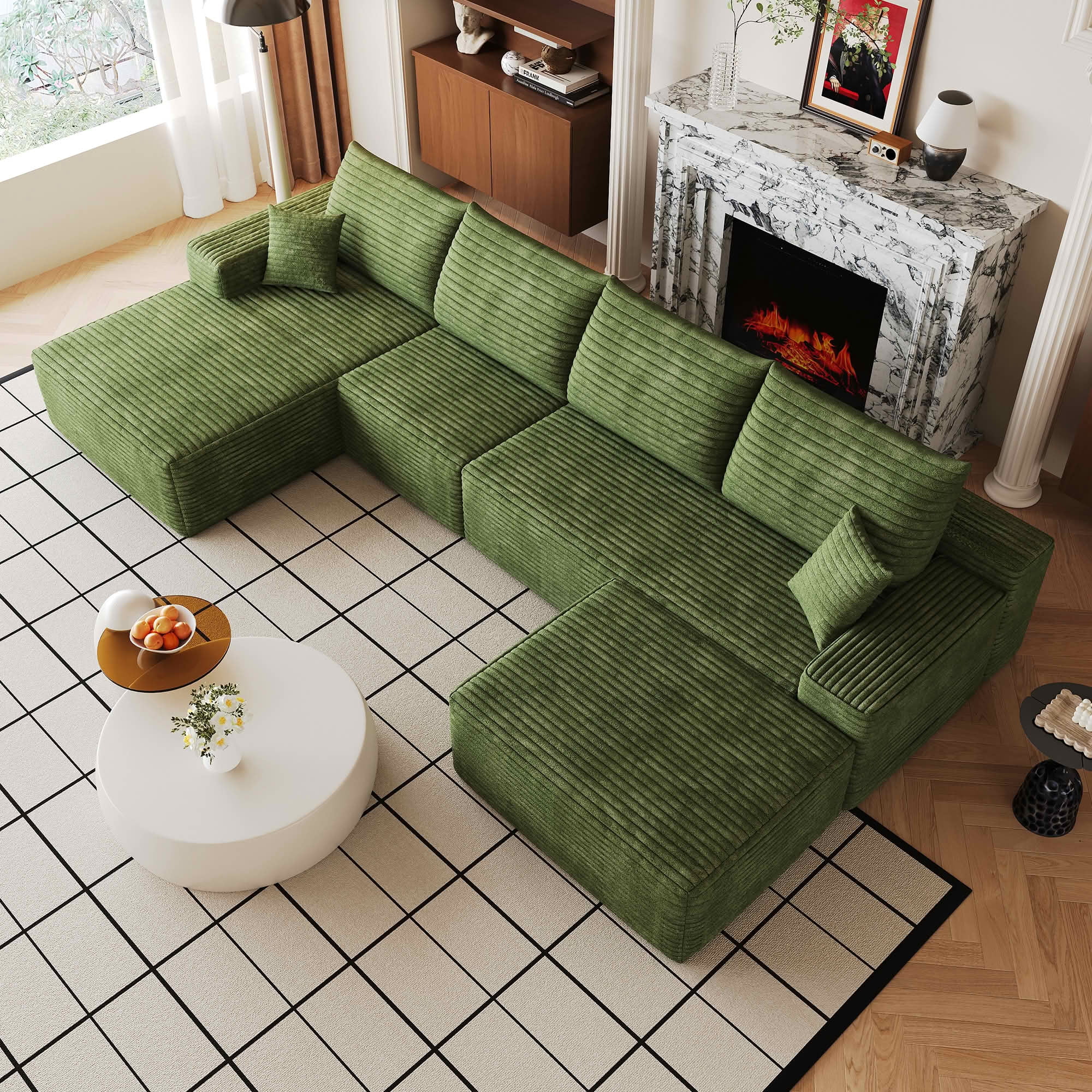 MAYEERTY 135" Cloud U-Shaped Sectional Sofa with 1 Ottoman, Plush Corduroy Deep Seat Modular Couch, No Assembly Minimalist Sofa for Living Room Apartment