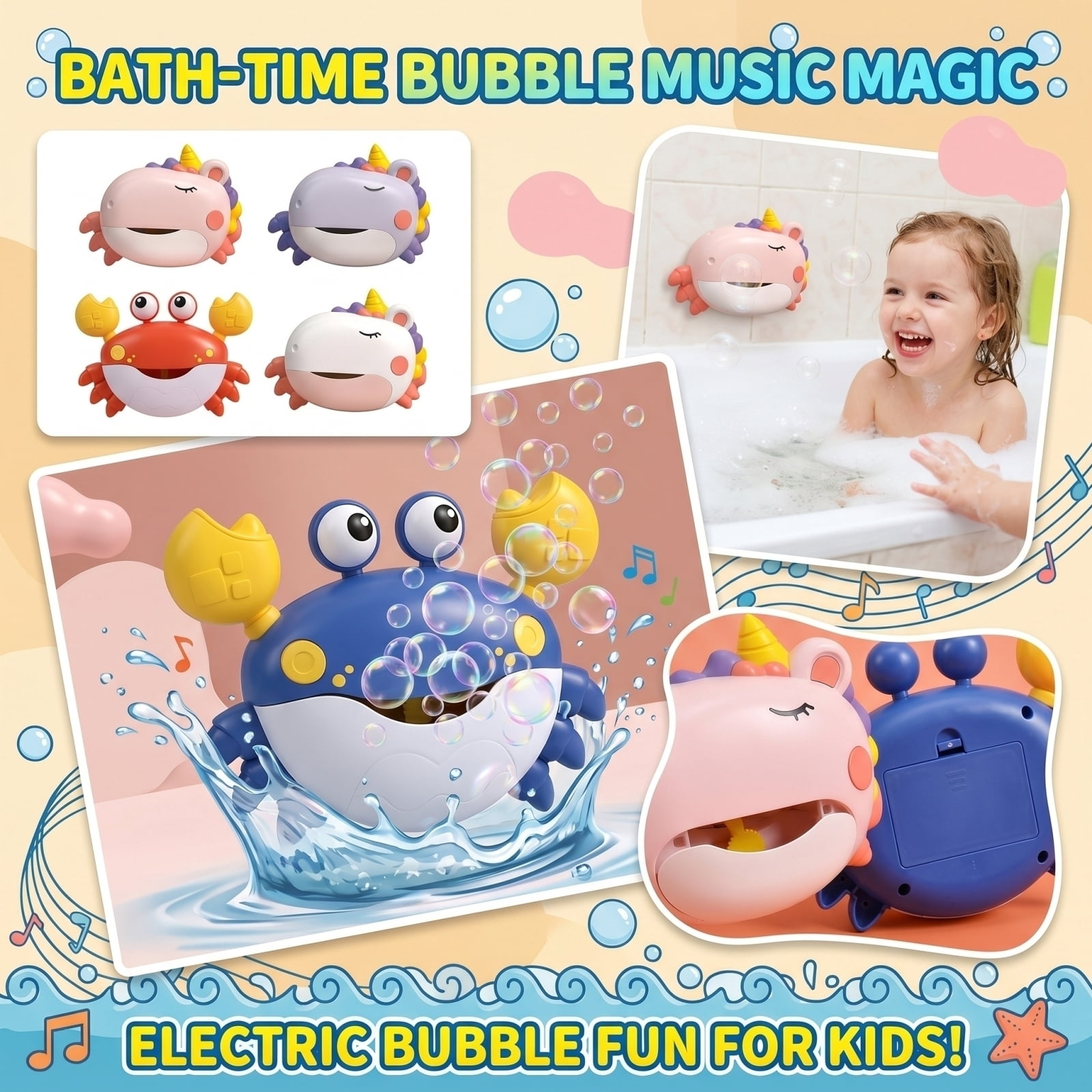 Unicorn Bubble Blower, Bath Bubble Machine with Music, Musical Bubble Maker for Fun Bath Time, Interactive Bubble Blower (White)