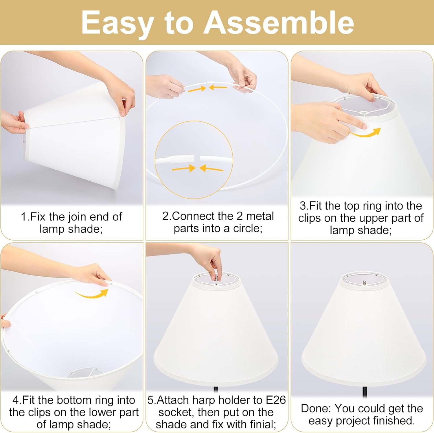 White Lamp Shades Set of 2, Empire Large Lamp Shades for Table Lamps Floor Lamps, 6" Top x 16" Bottom x 10.8" High, Natural Linen Lampshades Replacement, Spider, Harp Holders Included, Easy Assembly