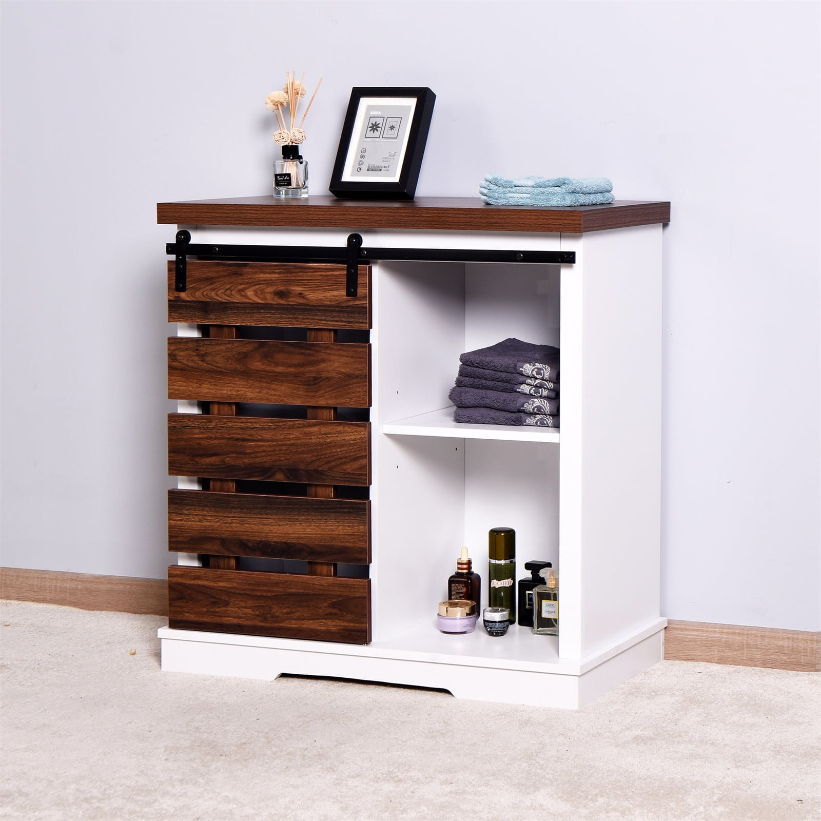 Wooden Storage Cabinet with Barn Door, Living Room Console Shelves Table, White