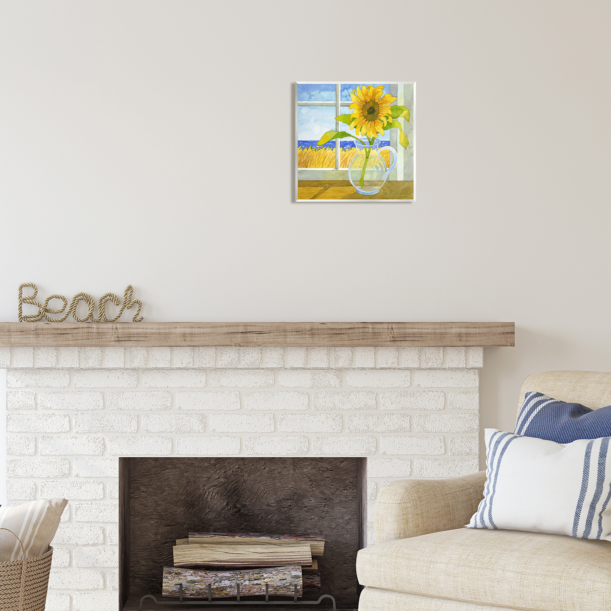 Stupell Industries Sunflower in Coastal Window Botanical & Floral Painting Unframed Art Print Wall Art, 12 x 12