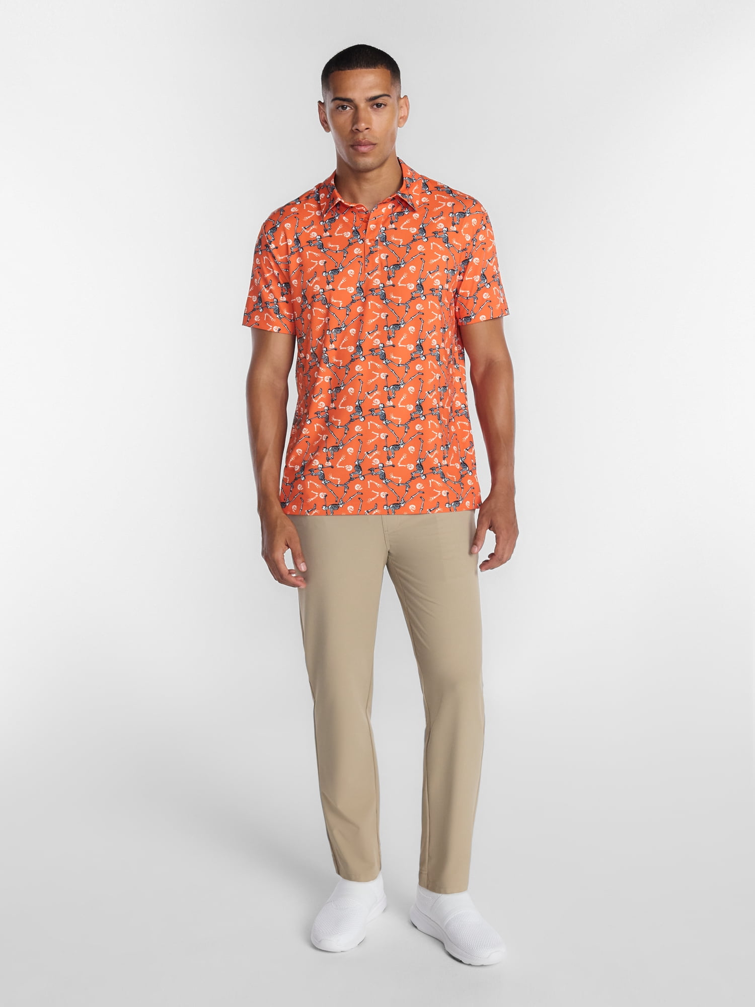 Birdie Bound Halloween Spooky Skeleton Print Golf Polo Shirt, Men's Sizes S-4XLT