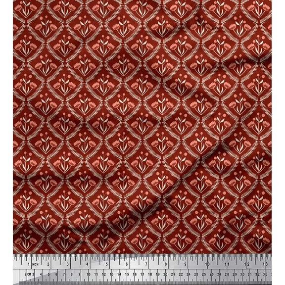 Soimoi Red Cotton Duck Fabric Floral Damask Printed Craft Fabric by the Yard 42 Inch Wide
