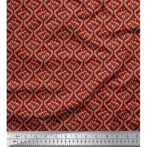 Soimoi Red Cotton Duck Fabric Floral Damask Printed Craft Fabric by the Yard 42 Inch Wide