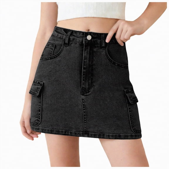 Xyant Denim Skirt for Girls Mid Waist Mini Jean Skirt with Elastic Waistband Hem (Black,14-15 Years)