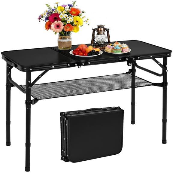 Portable Folding Table, LZNIOZ 3ft Camping Picnic Table with 3-Level Adjustable Height, Small Foldable Camp Table for Ourdoor Patio Backyard BBQ Fishing, Black