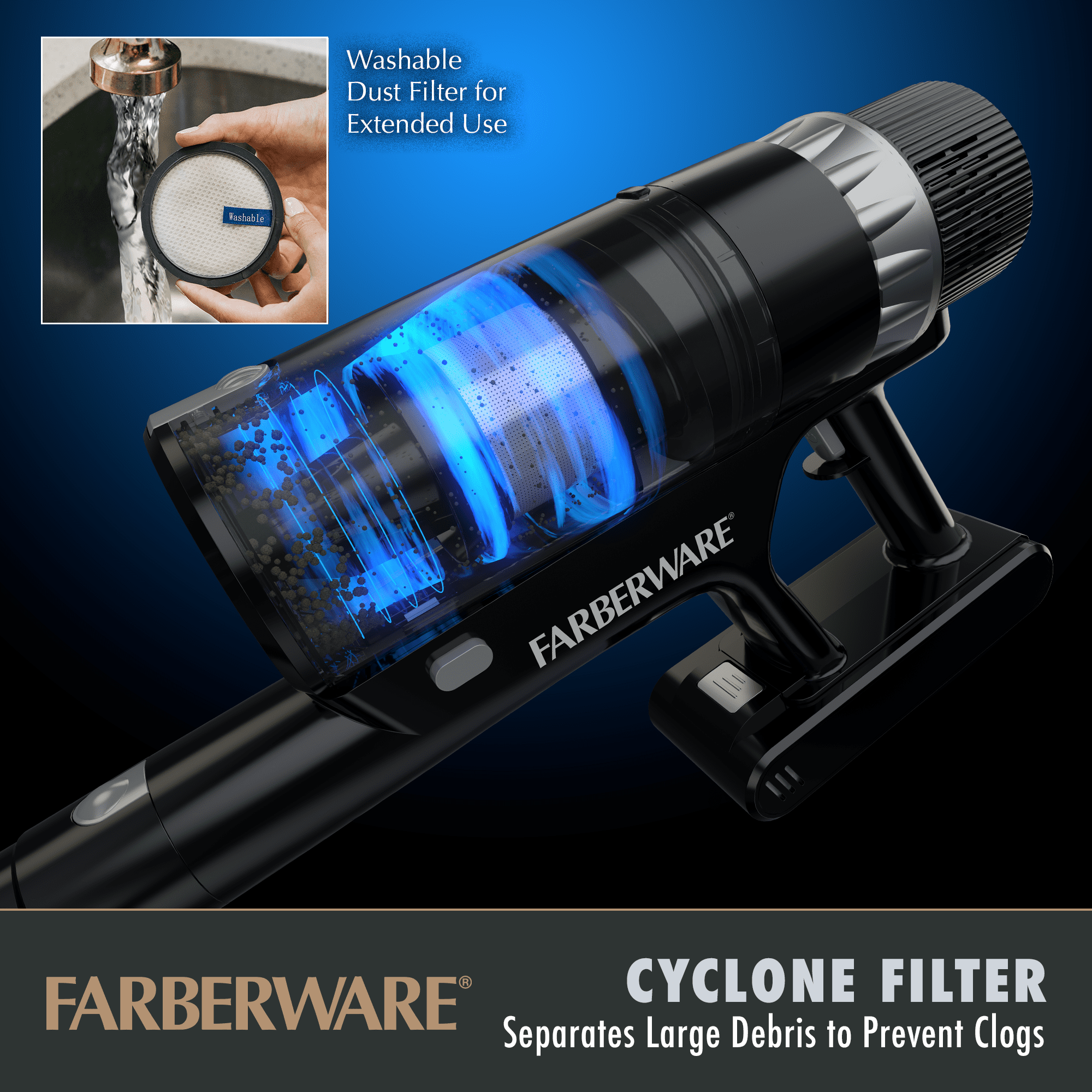 Farberware Cordless Platinum Stick Vacuum Cleaner, Smart Sensor Technology for Carpet and Hard Floors, Bendable Design, Converts to Handheld Vacuum