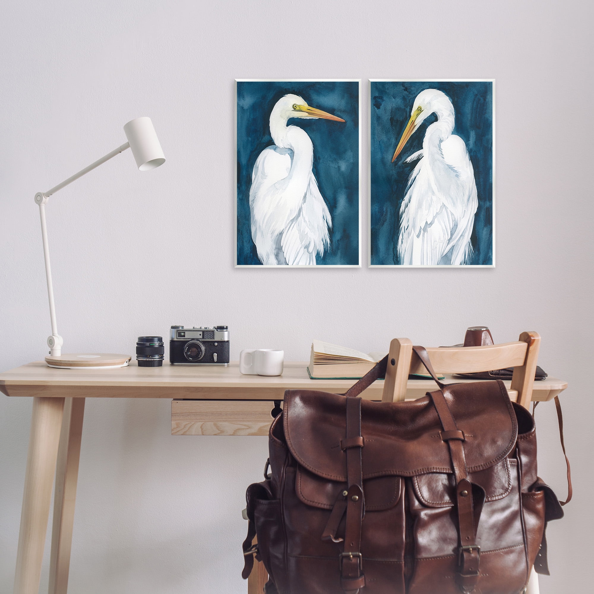 Stupell Industries Elegant Egrets on Blue Animals & Insects Painting Unframed Art Print Wall Art, 13 x 19, Set of 2