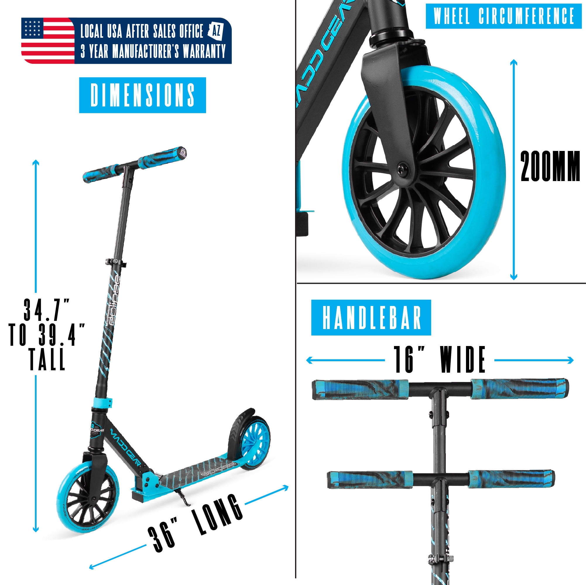 Madd Gear Eclipse Commuter Scooter with 200mm Blue Wheels - Suitable for Kids and Adults