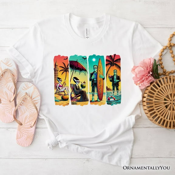 Frankenstein's Beach Vacation T-Shirt, Retro Neon Surf Style Tee for Horror Fans with Summer Vibes