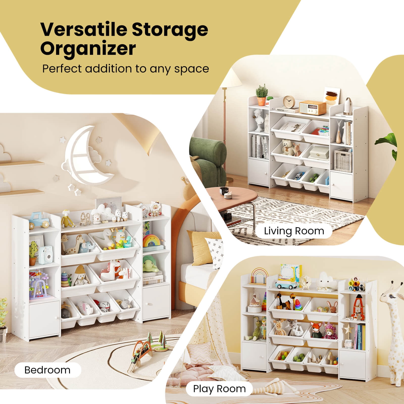 Costway 4-Tier Large Storage Cabinet with 6 Cubbies & 8 Removable Bins Bookshelf White