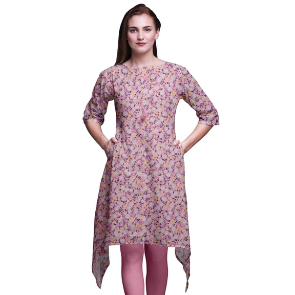 Bimba Pink Leaves & Night Jasmine Floral Asymmetric Kurta Indian Tunic Tops For Women Printed Indian Clothing Medium