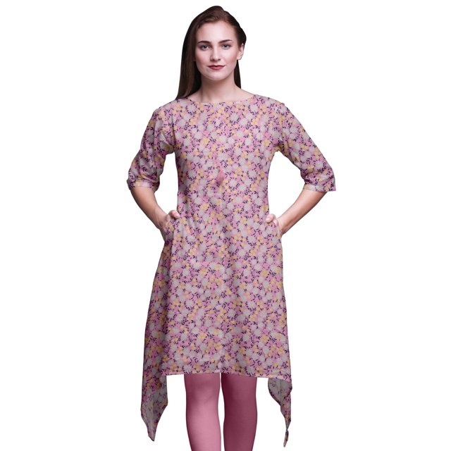 Bimba Feuilles Roses et Jasmin de Nuit Hauts à Imprimé Floral pour Femmes Kurti Asymétrique Robe d'Été pour Filles XSmall