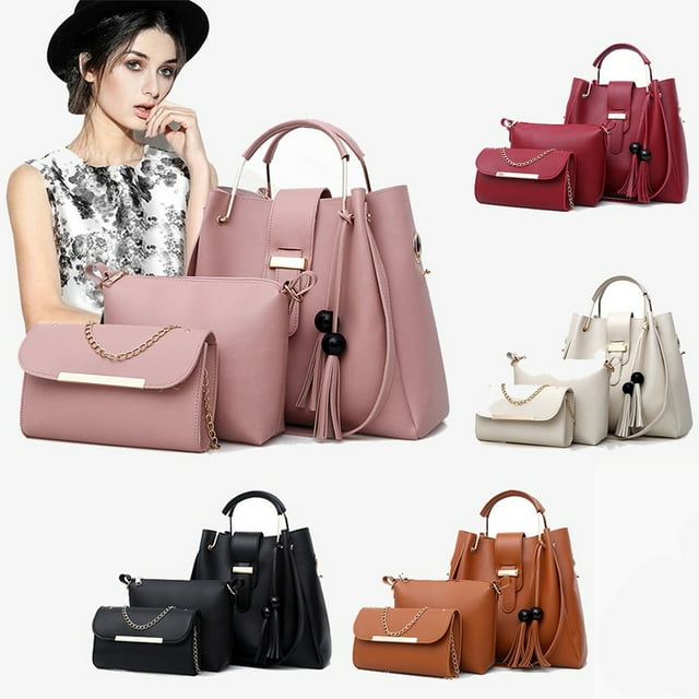 Juego de bolso de hombro de mujer con carteras de 3 piezas - Tote de flecos y bandolera - Cuero PU - Rosa, negro, marrón, beige, rojo