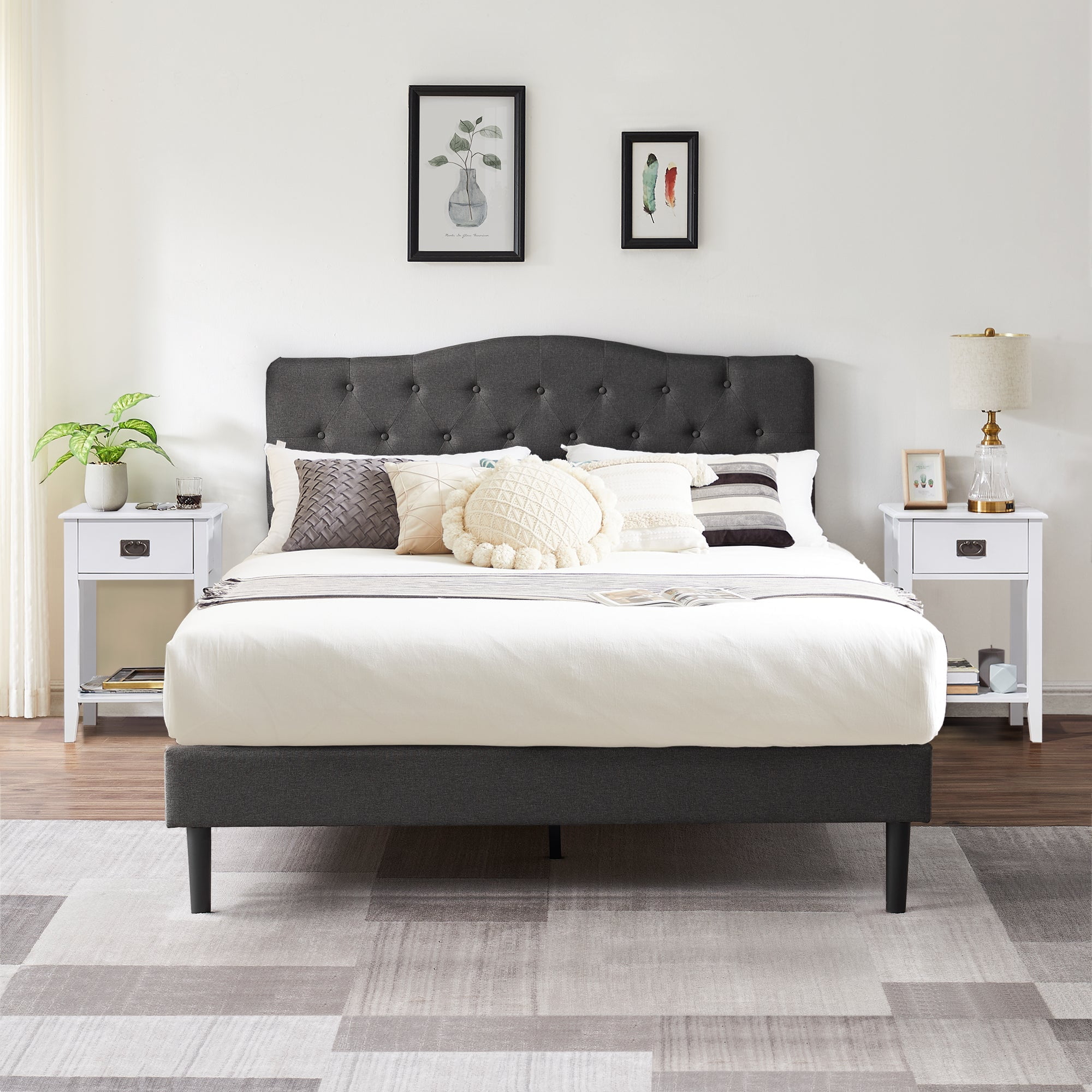 VECELO (Set of 3) Bedroom Set Upholstered Bed Frame and 2 Nightstand ...