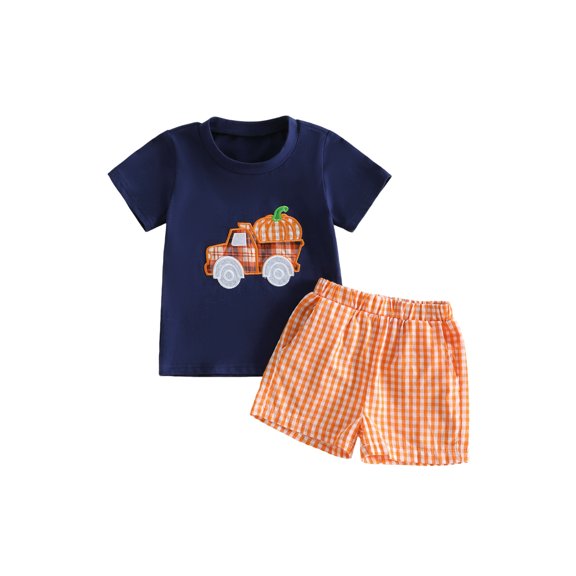 Cjfdfy Toddler Baby Boy Halloween Thanksgiving Outfits Infant Baby Boys Summer Fall Clothes Short Sleeve Pumpkin in Truck Embroidery T-Shirt and Plaid Pockets Shorts Set