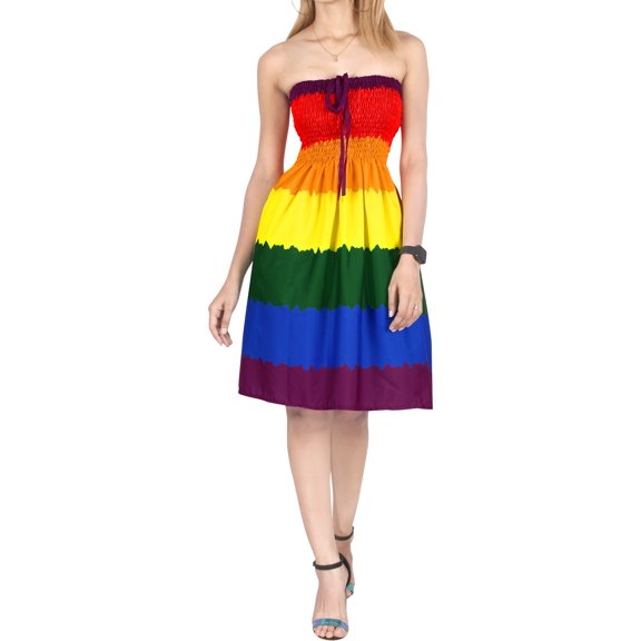 HAPPY BAY Women's Boho Beach Smocked LGBTQ Pride Flag Rainbow Stripe Dress Tube Top Strapless Dresses for Women One Size Colorful, Stripes