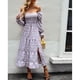thumbnail image 5 of Vestido acampanado con estampado floral bohemio, manga larga, cuello cuadrado, dobladillo con volantes, cintura alta, vestido a media pierna Púrpura M, 5 of 8