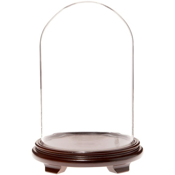 Plymor 9.75" x 15" Glass Display Dome Cloche (Walnut Wood Veneer Footed Base)