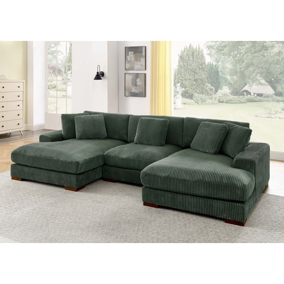 125'' Modular U-Shaped Sectional Sofa, Modern Corduroy Cloud Couch, Boneless Deep Seat 3-Seater, Plush Upholstered Lounge Sofa for Living Room Family Room, Two-Side Recline Design, Dark Green