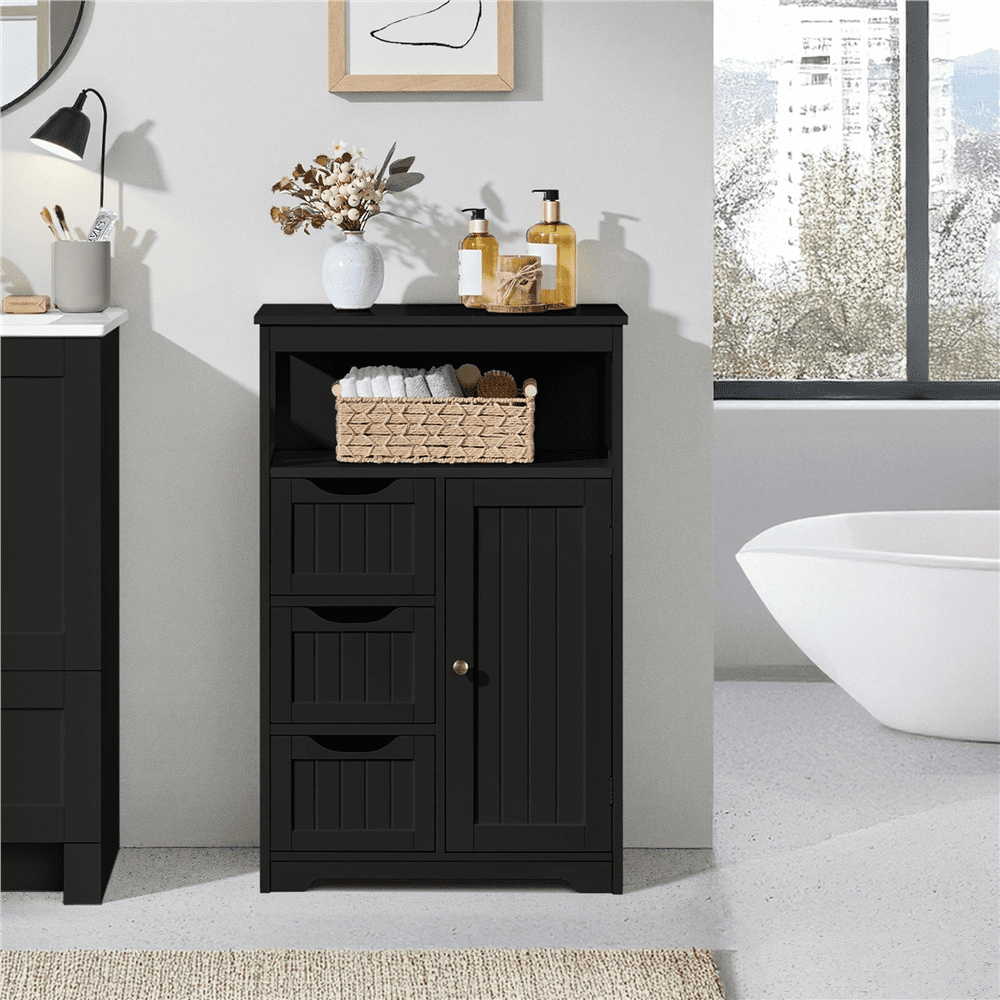 Yaheetech Wooden Floor Cabinet w/ Multi-Tiers & 3 Drawers, Black