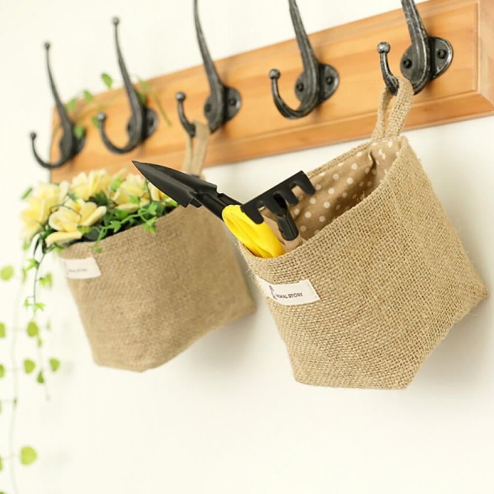6-Pack Hanging Storage Baskets - 4x5 Inch, Foldable Cotton Linen, Wall Mount Organizer For Bathroom, Office, Decor