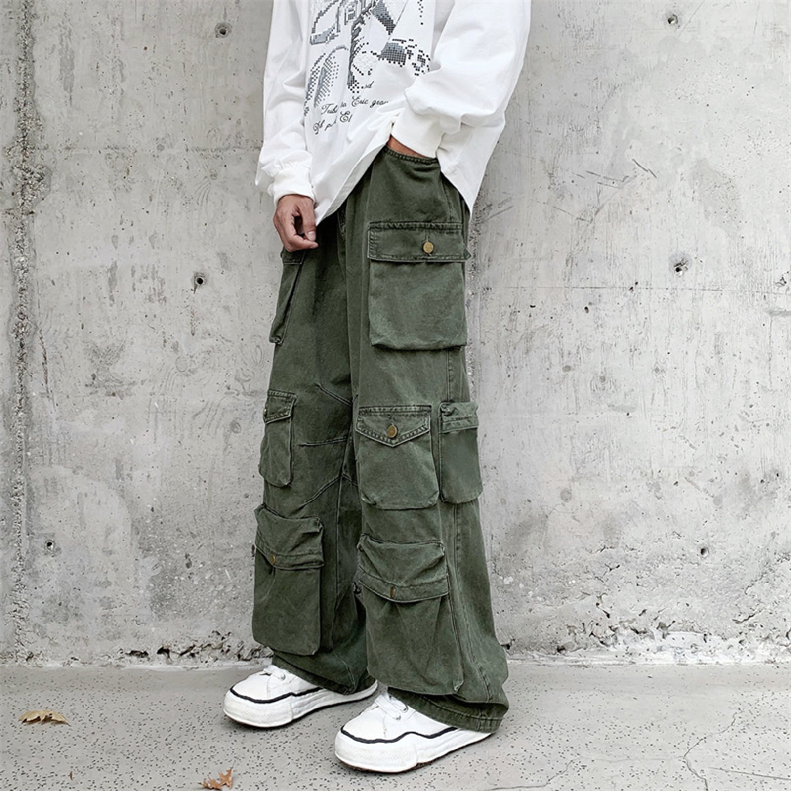 Men Cargo Pants Street Solid Waist for American Pockets Trousers Straight Mid Loose Wear Retro Color Overalls Multi Style Daily