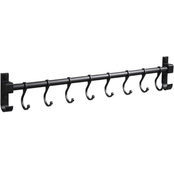 Domaci Wall Mounted Pot Rack, 19.7" Kitchen Hanging Rail Organizer with 8 Hooks, Heavy Duty Industrial Storage for Pans, Lids, Utensils & Mugs, Black