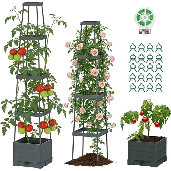DKMOCO Raised Garden Bed with Trellis, Self-Watering Tomato Planter Box with Adjustable Height Steel Support Frame for Climbing Plants, Patio, Balcony & Outdoor Gardening
