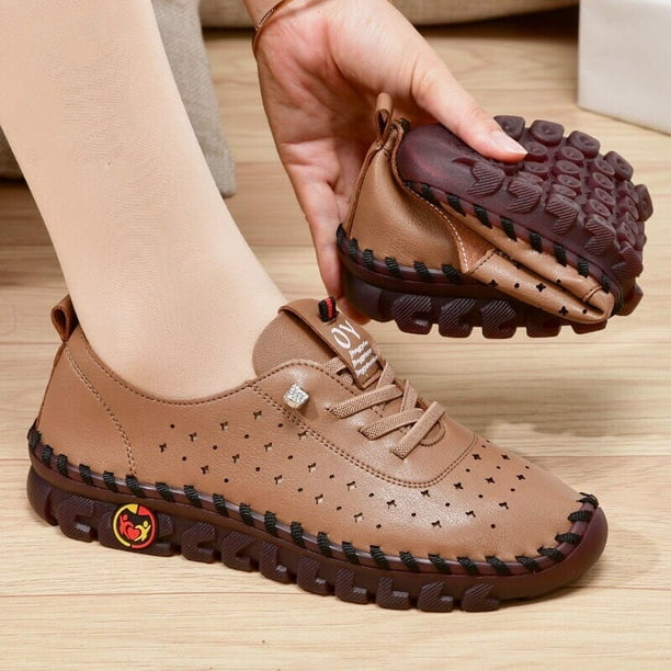 Zapatillas De deporte De cuero para Mujer mocasines comodos sin cordones zapatos De hilo De coser a mano zapatos De mama Walmart en linea