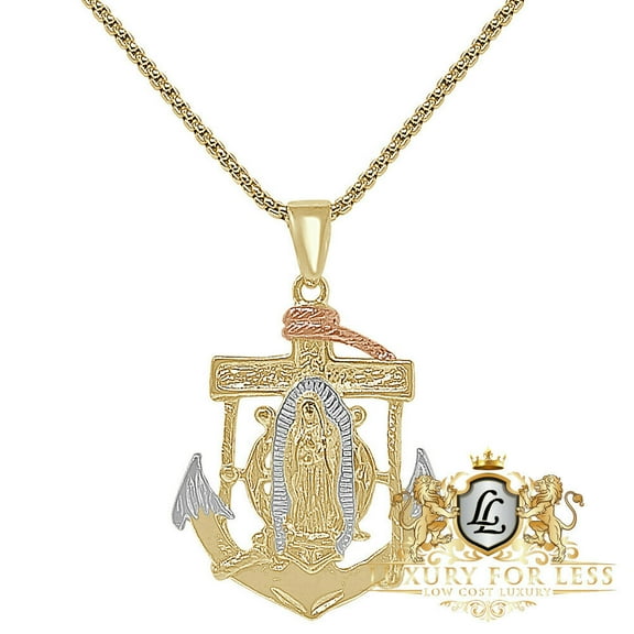 14K 3 Tone Gold Over Lady Of Guadalupe Mother Mary Anchor Charm Pendent   Chain