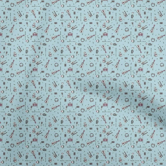 oneOone Cotton Poplin Light Blue Fabric Musical Instruments Sewing Fabric By The Yard Printed Diy Clothing Sewing Supplies 42 Inch Wide