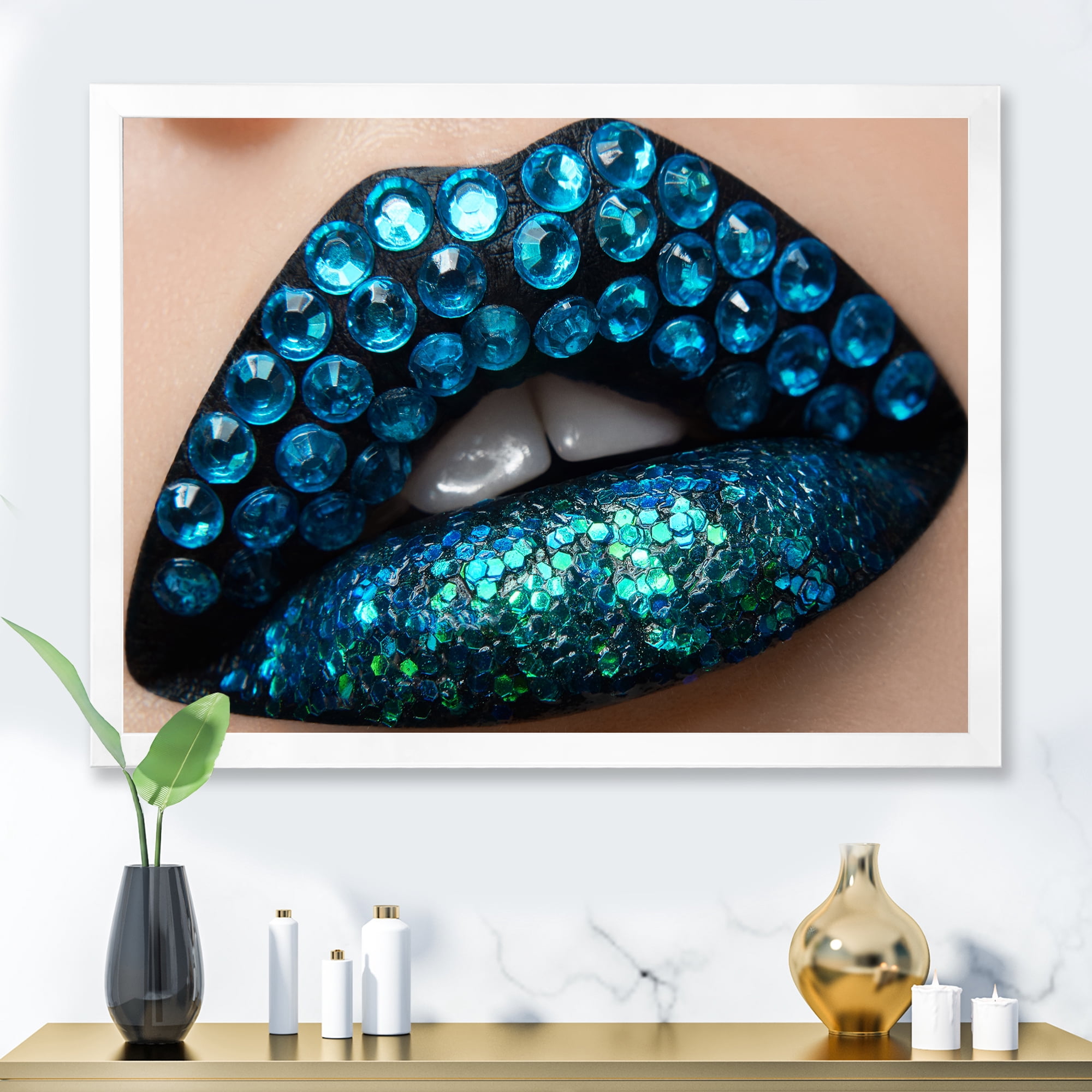 Designart 'Woman Lips With Black Lipstick Blue Diamonds' Modern Framed Art Print