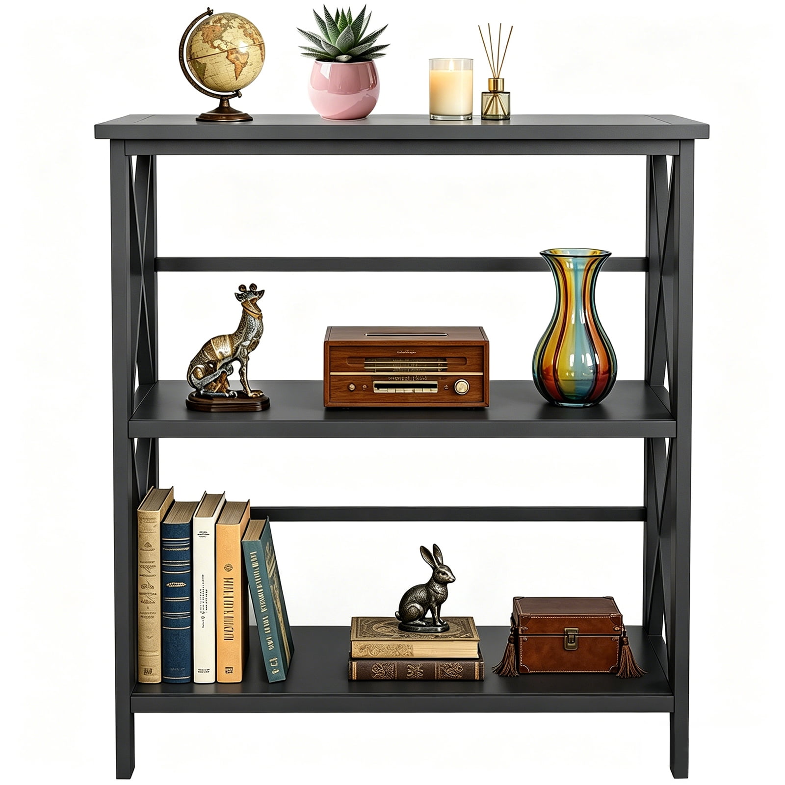 edx 3-Tier Metal Wall Mounted Bookshelf, Drill-Free Open Bookcase for Home Office/Study, Matte Finish Storage Shelves, Black